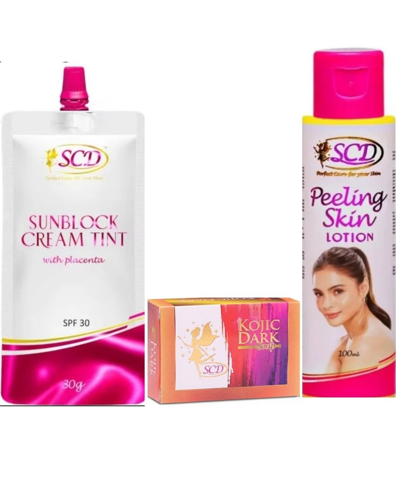 SCD 3-in-1 Skin Care Set: Peeling Lotion, Kojic Soap & Sunblock Tint
